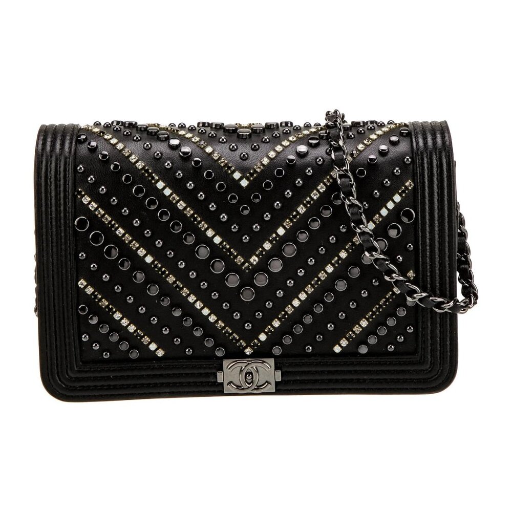Chanel Calf Skin Crystal Studded Chevron Wallet on Chain